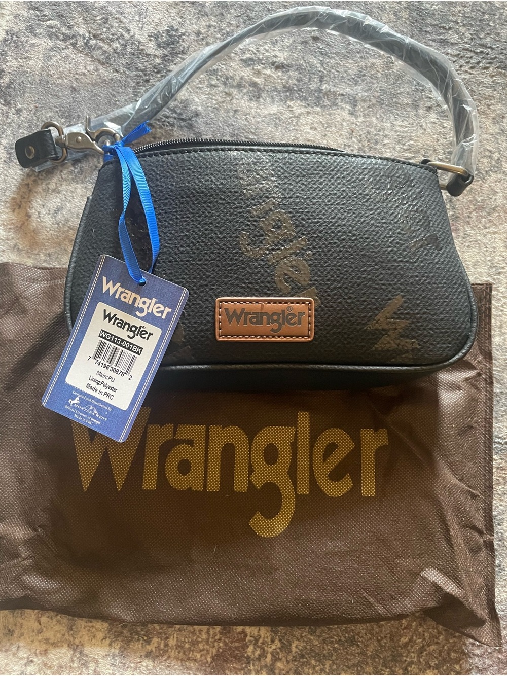 Wrangler Black Mini Shoulder Bag with Brown Logo Patch and Subtle Print